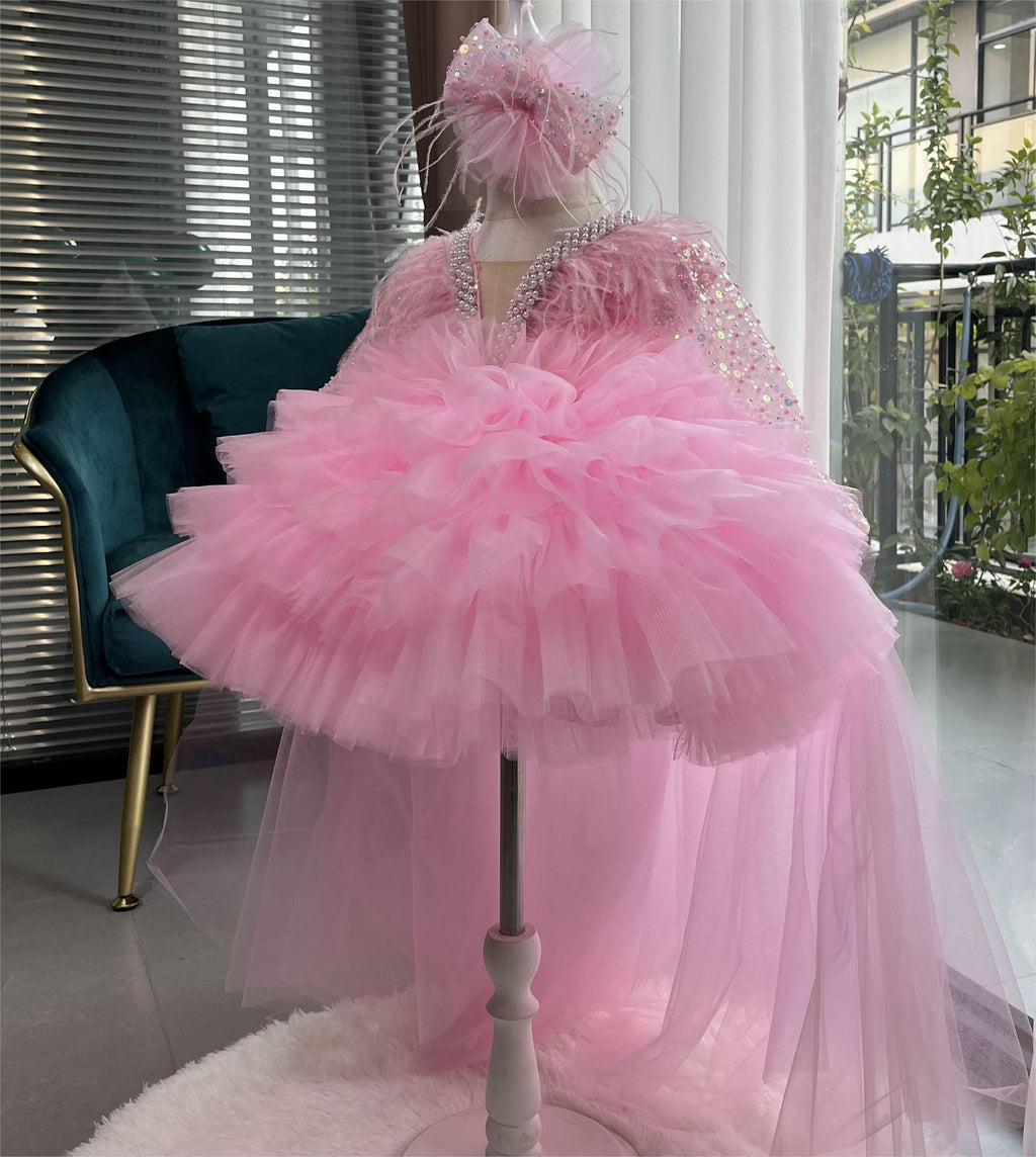 Girls Long Sleeve Sequin Feather Evening Dress with Train | KLFFIGID