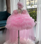 Girls Long Sleeve Sequin Feather Evening Dress with Train | KLFFIGID