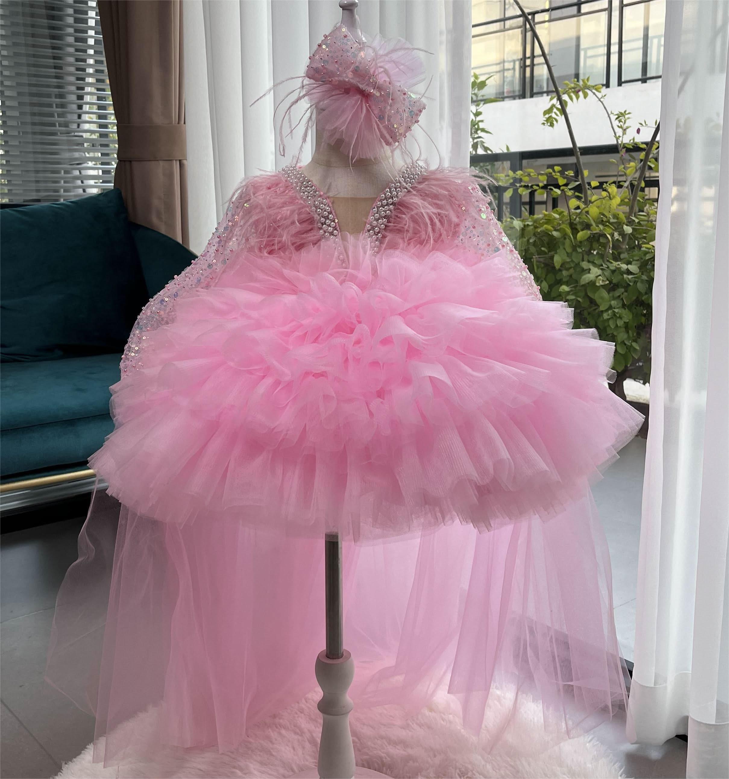 Girls Long Sleeve Sequin Feather Evening Dress with Train | KLFFIGID