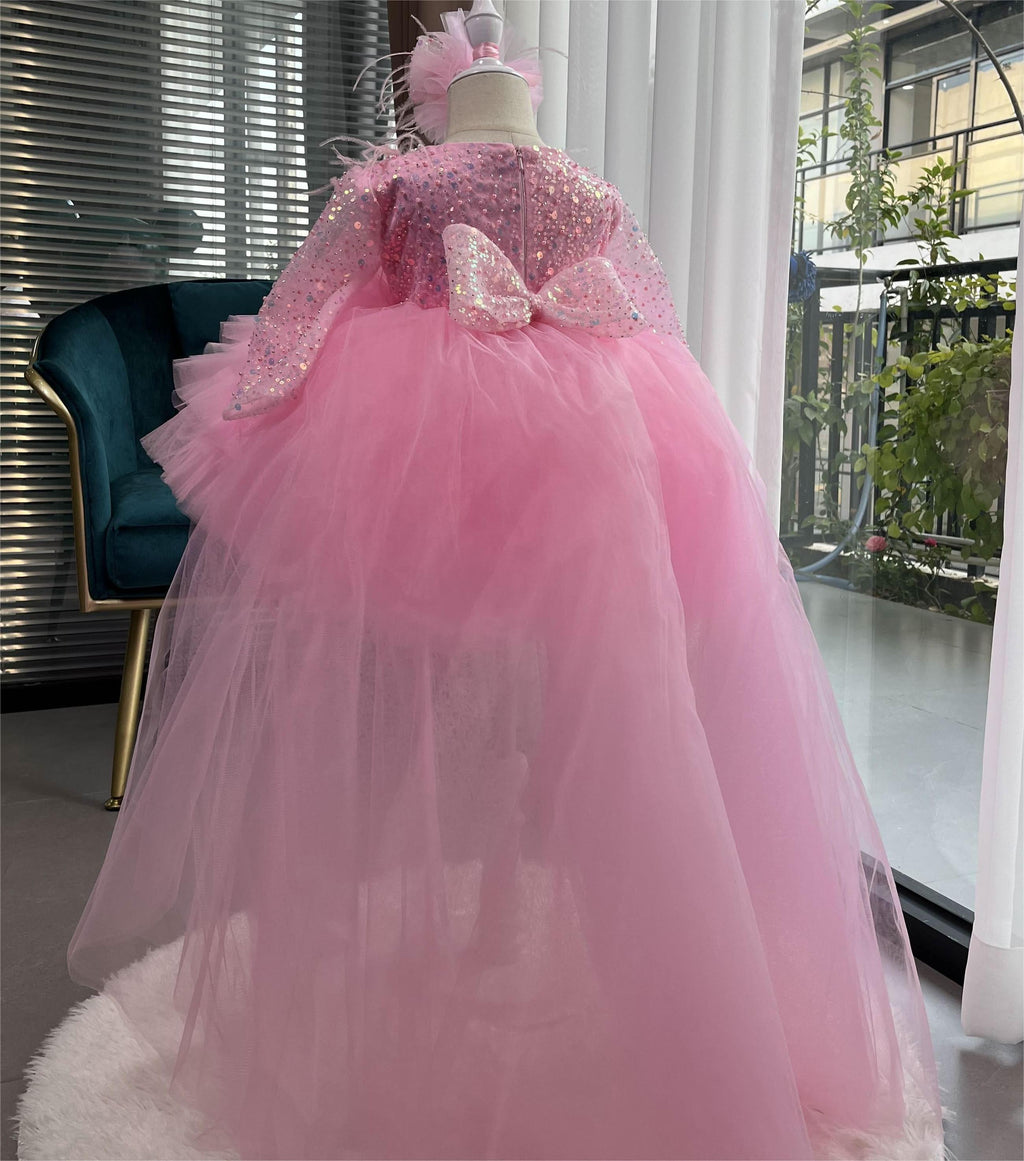 Girls Long Sleeve Sequin Feather Evening Dress with Train | KLFFIGID