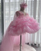 Girls Long Sleeve Sequin Feather Evening Dress with Train | KLFFIGID