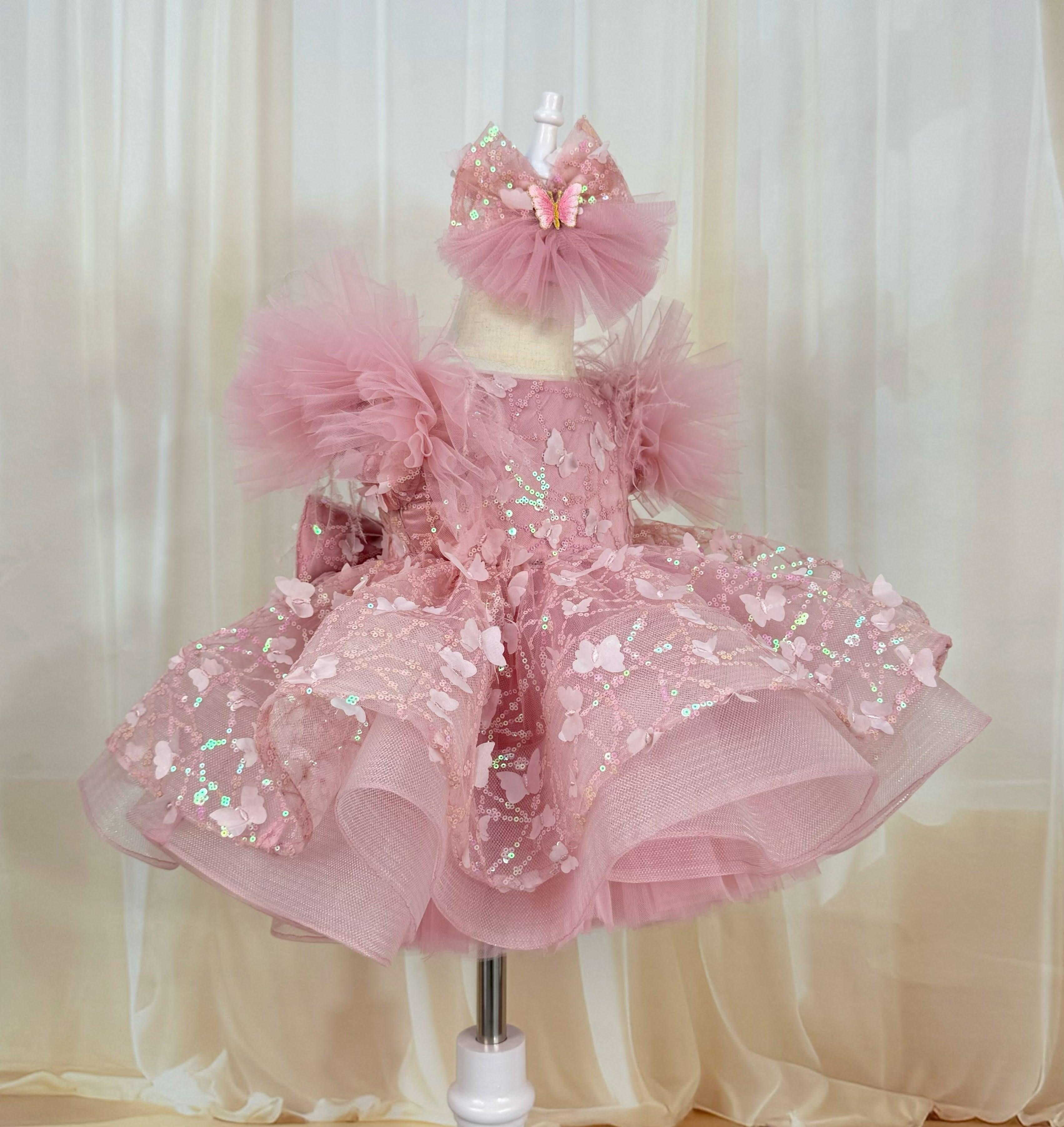Girls Feather Bow Fluffy Stage Performance Dress | KLFFLGID