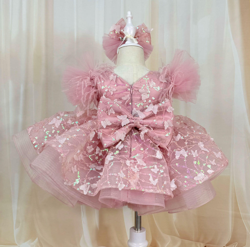 Girls Feather Bow Fluffy Stage Performance Dress | KLFFLGID