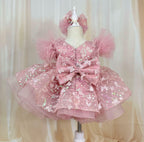 Girls Feather Bow Fluffy Stage Performance Dress | KLFFLGID