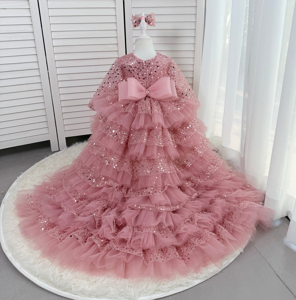 Elegant Sequined Long Sleeve Flower Girl Party Dress with Tail | KLFFIGID