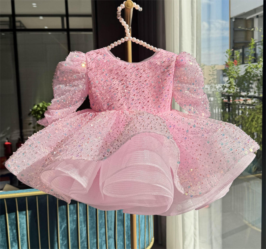 Glittering Pink Princess Dress Sequined Organza Gown | KLFFIGID
