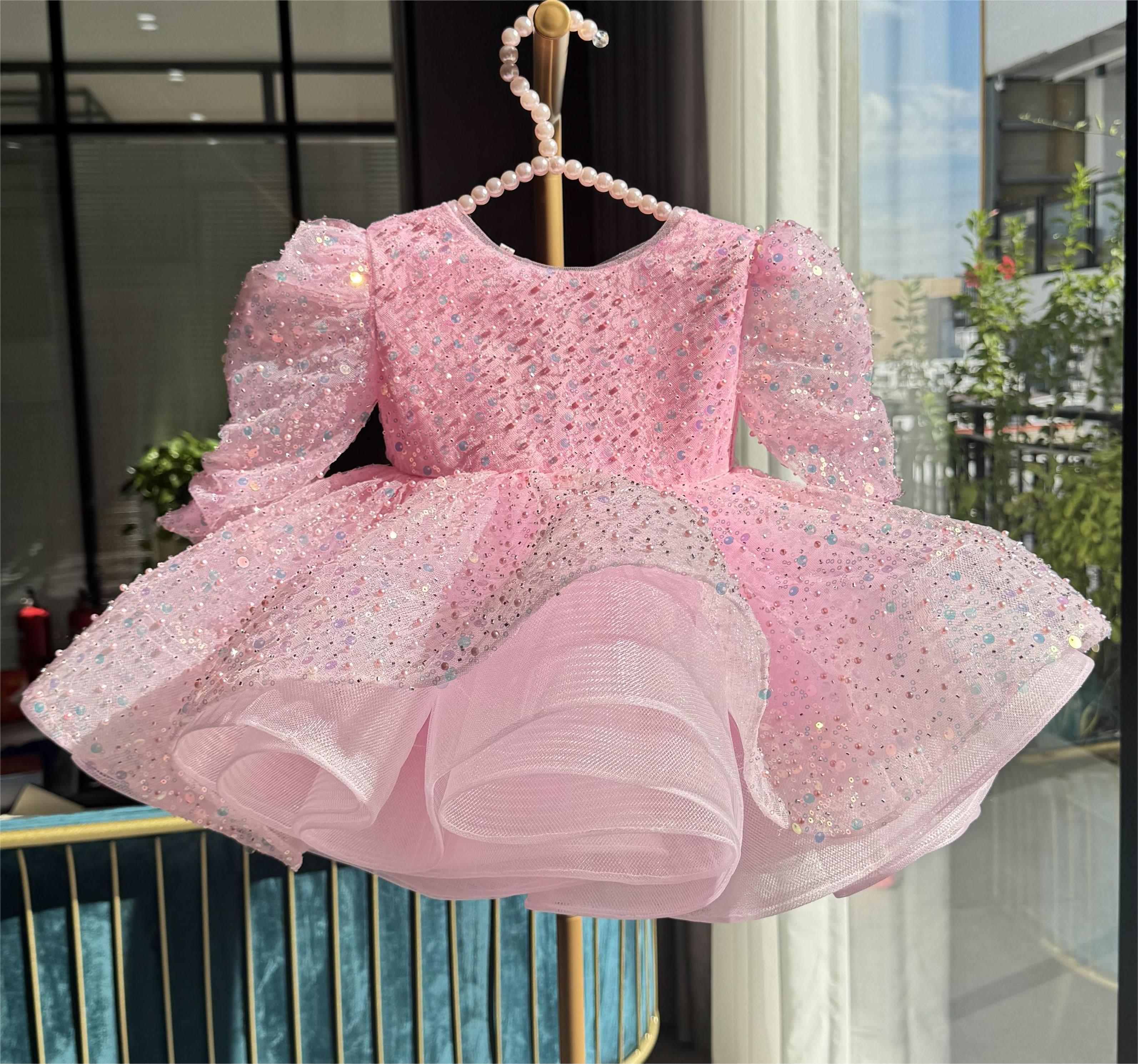 Glittering Pink Princess Dress Sequined Organza Gown | KLFFIGID