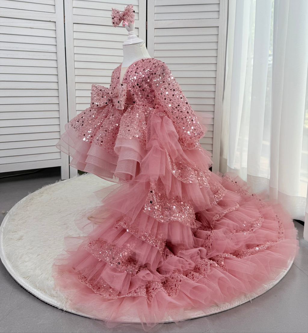 Elegant Sequined Long Sleeve Flower Girl Party Dress with Tail | KLFFIGID