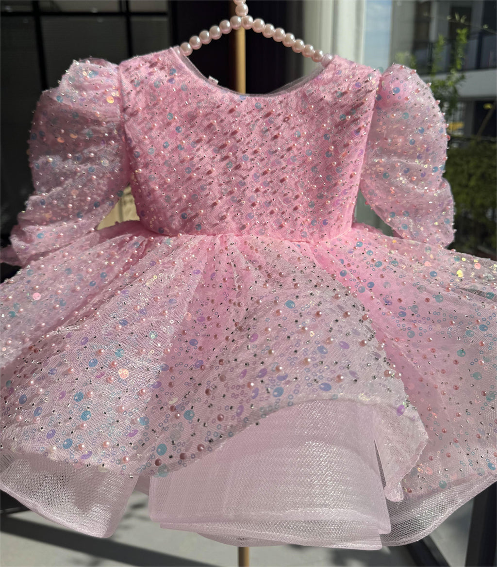 Glittering Pink Princess Dress Sequined Organza Gown | KLFFIGID