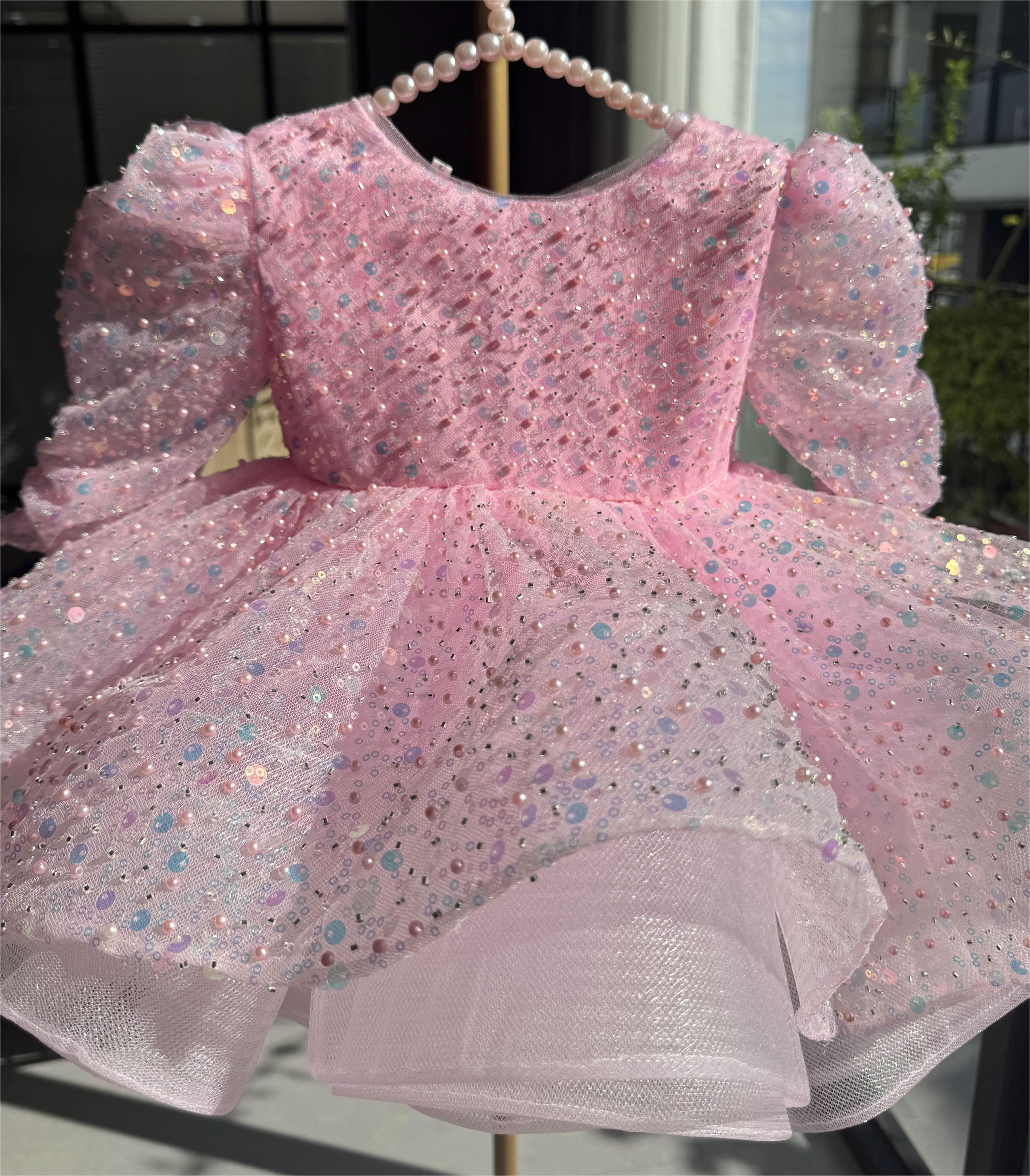 Glittering Pink Princess Dress Sequined Organza Gown | KLFFIGID