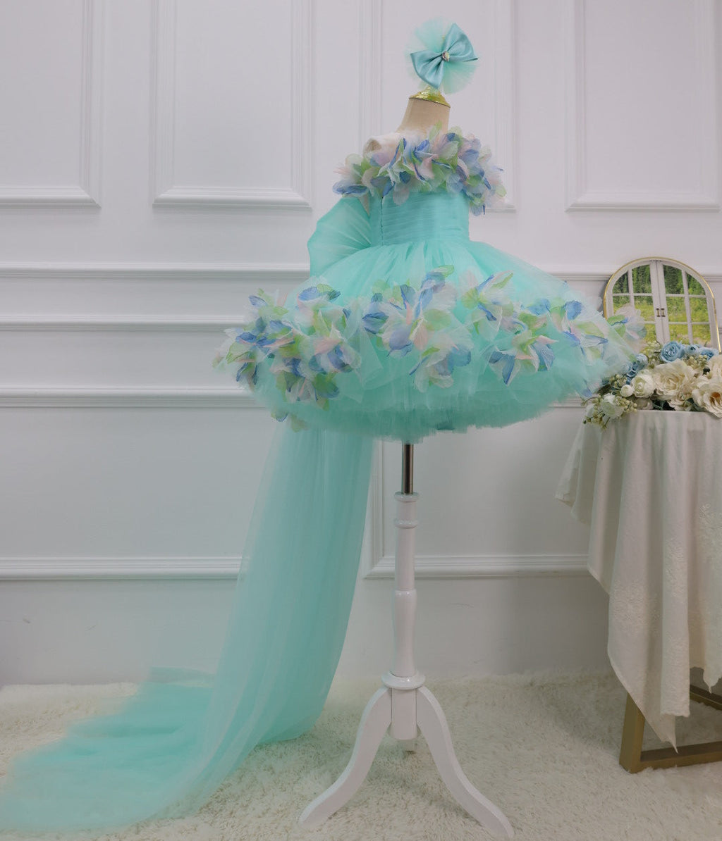 Baby Birthday Flower Girl Dress Feathered Hem Gown with Train | KLFFLGID