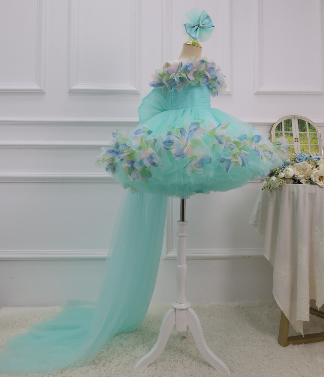 Baby Birthday Flower Girl Dress Feathered Hem Gown with Train | KLFFLGID
