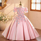 Kids Girls Satin Flower Princess Dress Flower Decor Summer Casual Birthday Wedding Party Dresses Girls