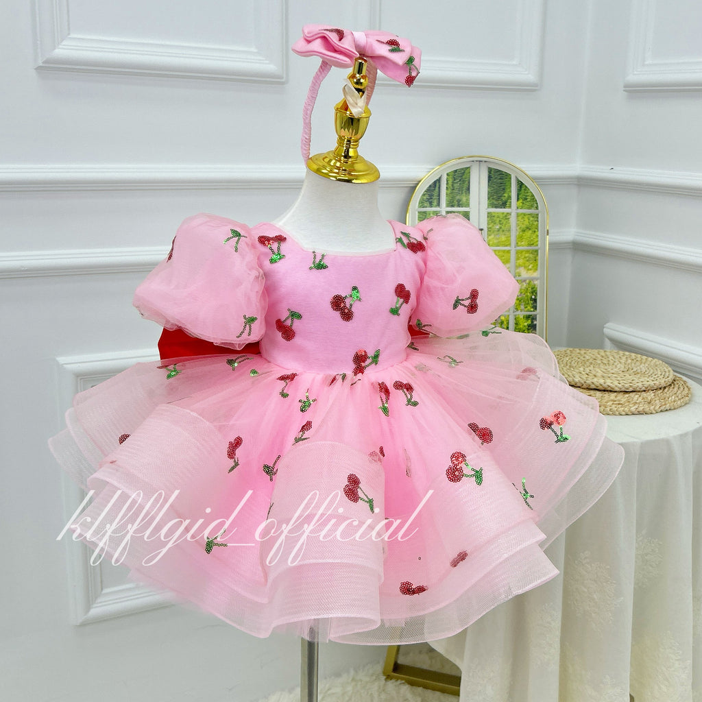 Baby Birthday Dress Girls' Cherry-Print Dress Princess Theme Party| KLFFIGID