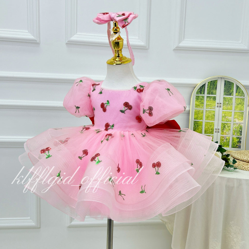 Baby Birthday Dress Girls' Cherry-Print Dress Princess Theme Party| KLFFIGID
