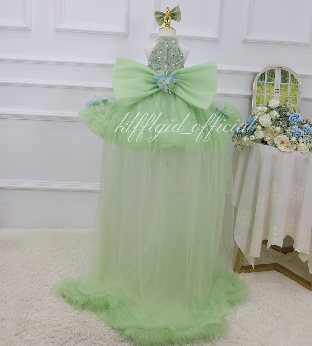 Baby Girl High Neck Sequin Birthday Flower Girl Dress with Train | KLFFLGID