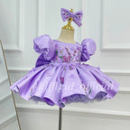 Girls Lavender Satin Princess Dress with Floral Embroidery and Puff Sleeves｜KLFFLGID