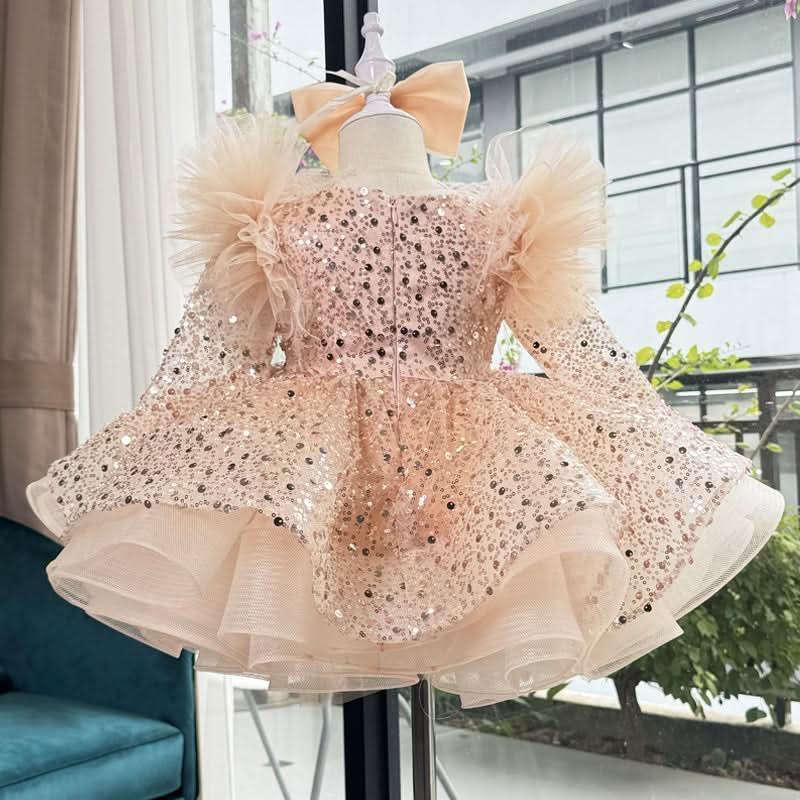 New Stage Performance First Birthday Sequined Long Sleeve Girls Dress