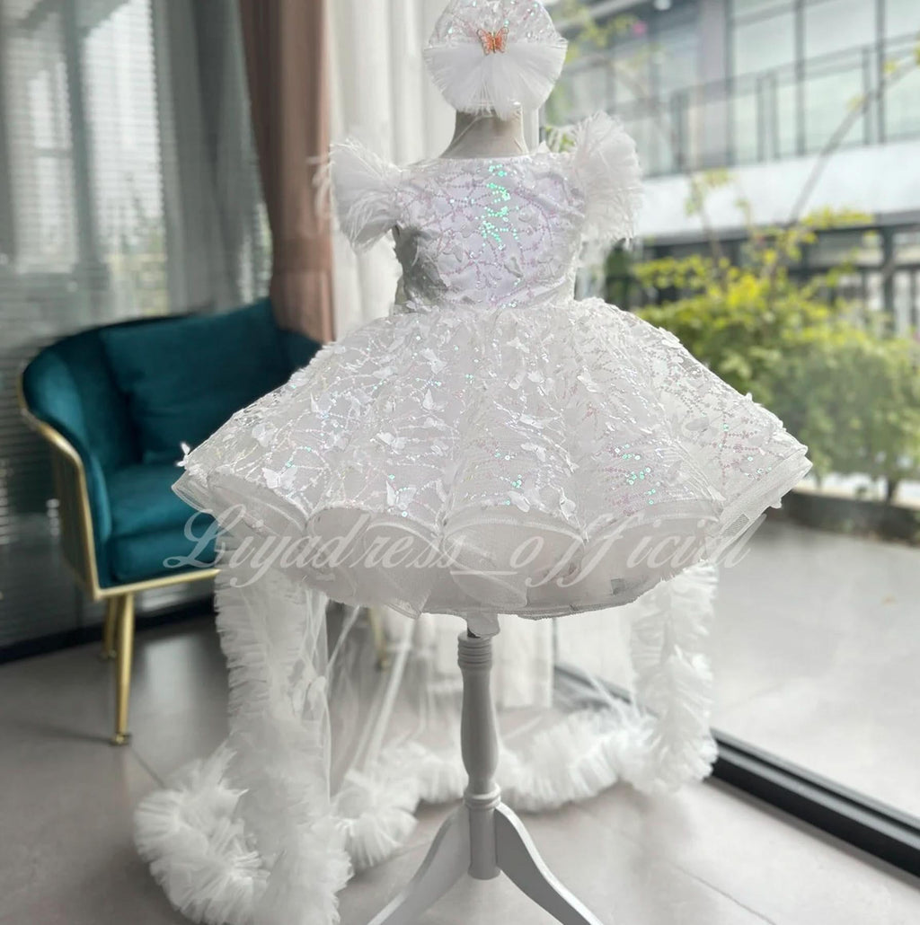 Flutter Sleeve Butterfly Tail Fluffy Girls Birthday Princess Dress | KLFFIGID