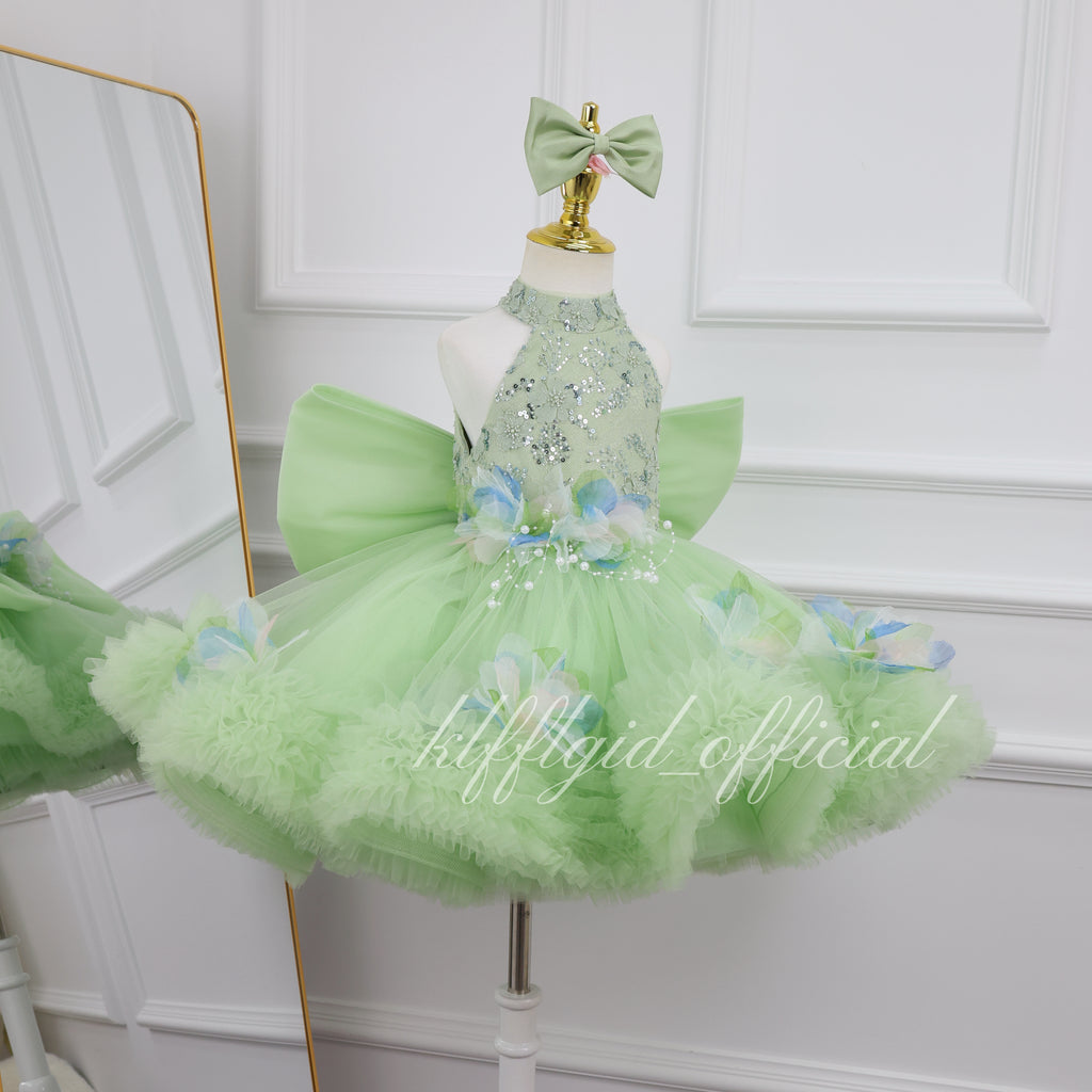 Baby Girl High Neck Sequin Birthday Flower Girl Dress with Train | KLFFLGID