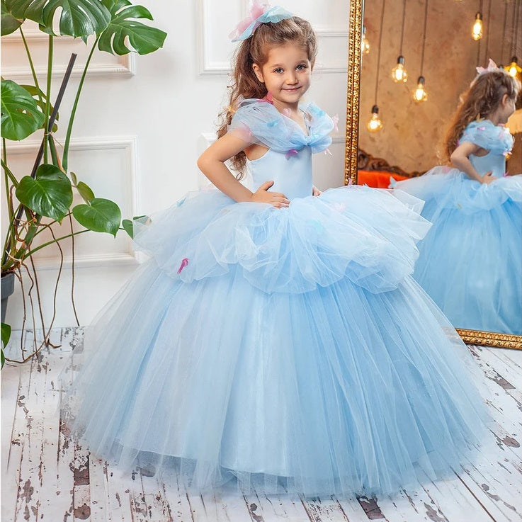 Girls birthday party dress, blue girl princess dress, dress up princess baby dress, butterfly maxi dress
