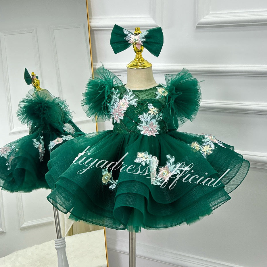 Girls Embroidered Flower Princess Dress Feather Sleeve Party Dress | KLFFIGID