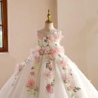 3-12 years old wedding flower girl trailing elegant flower mesh girl evening dress
