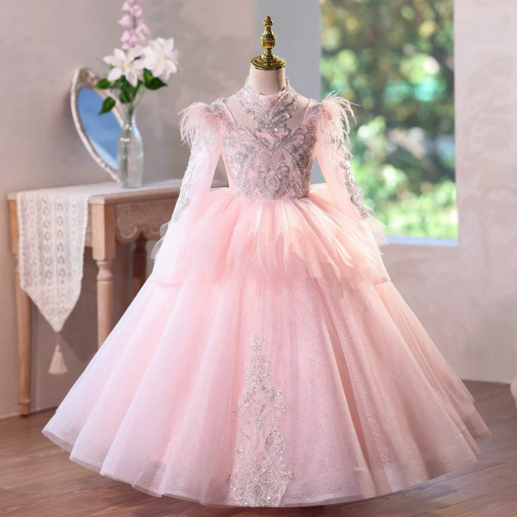 Embroidered long-sleeved girl's princess dress, ball gown/party evening dress, cute pink mesh dress for girls.