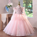 Embroidered long-sleeved girl's princess dress, ball gown/party evening dress, cute pink mesh dress for girls.