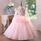 Embroidered long-sleeved girl's princess dress, ball gown/party evening dress, cute pink mesh dress for girls.