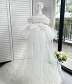 KLFFLGID Romantic Off-Shoulder Train Dress Ivory | Wedding Ceremony (0-12Y)