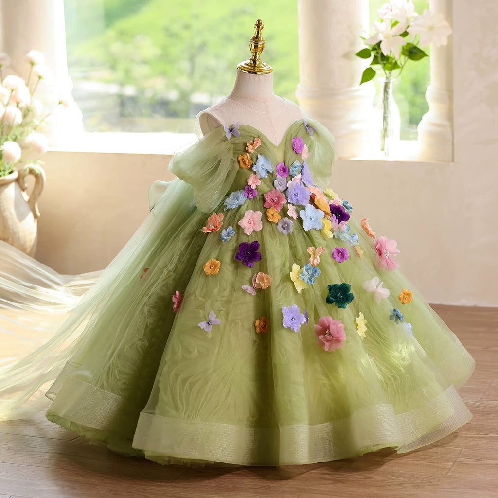 Green flower dress, fairy elegant girl dress, birthday party baby dress, Christmas New Year dress