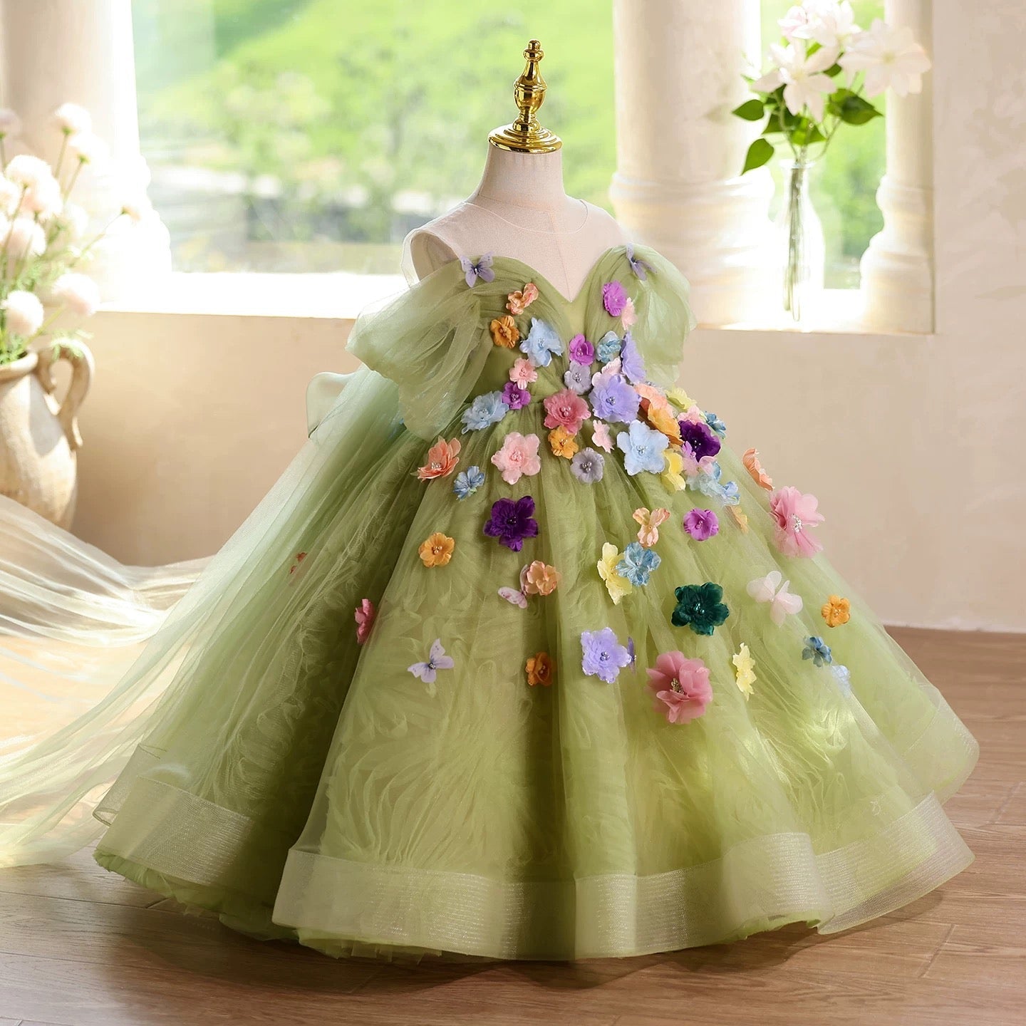 Green flower dress, fairy elegant girl dress, birthday party baby dress, Christmas New Year dress
