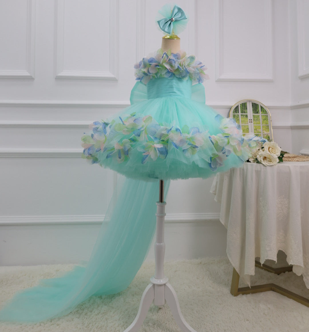 Baby Birthday Flower Girl Dress Feathered Hem Gown with Train | KLFFLGID