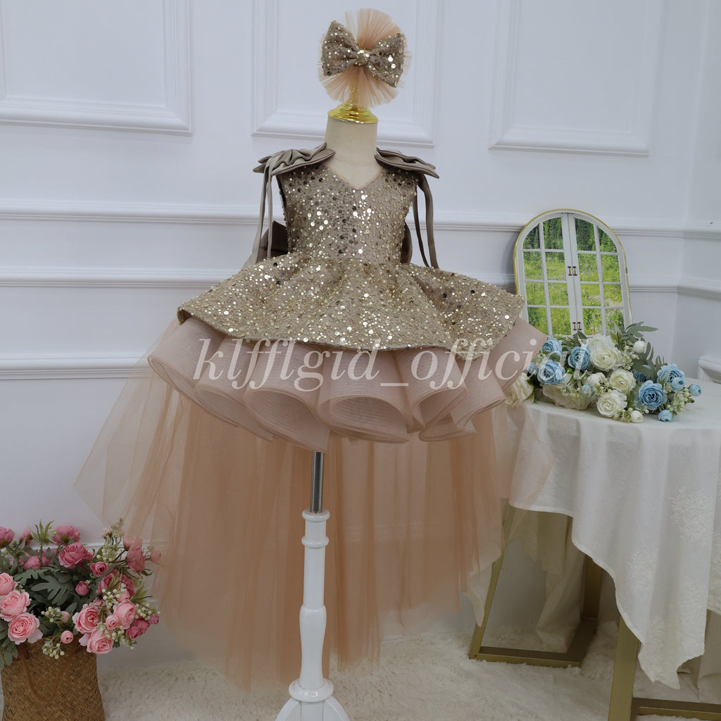 KLFFLGID Cute Bow Baby Birthday Dress Fashion sequined girls princess dress wedding flower girl dress host stage catwalk evening dress