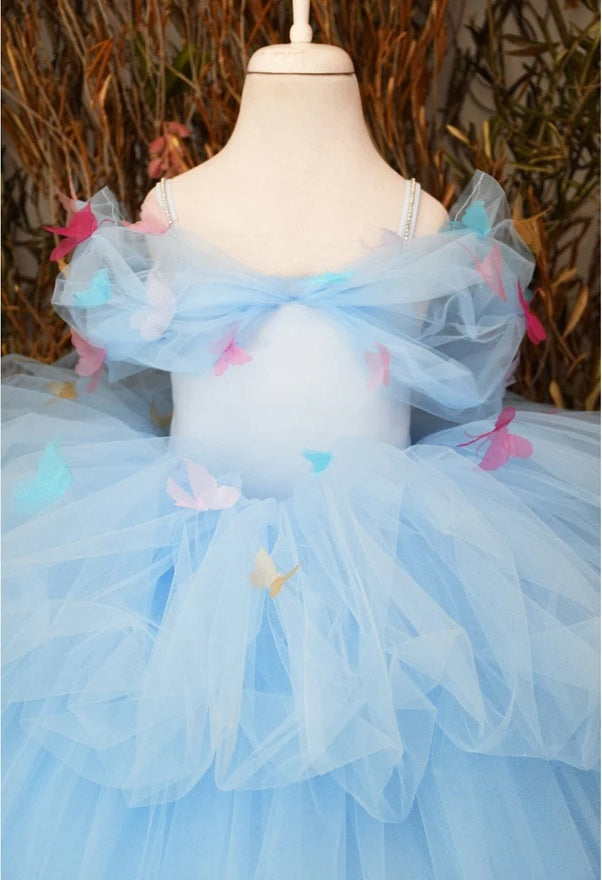Girls birthday party dress, blue girl princess dress, dress up princess baby dress, butterfly maxi dress