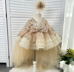 KLFFLGID Long slveeve Sequin train birthday party Princess dress, customizable color and size
