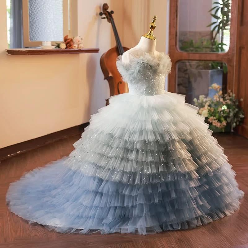 Girls wedding dress, flower girl evening dress tail big bow mesh girl princess dress