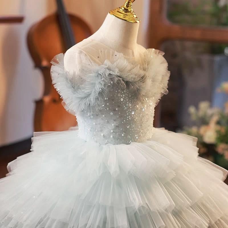 Girls wedding dress, flower girl evening dress tail big bow mesh girl princess dress