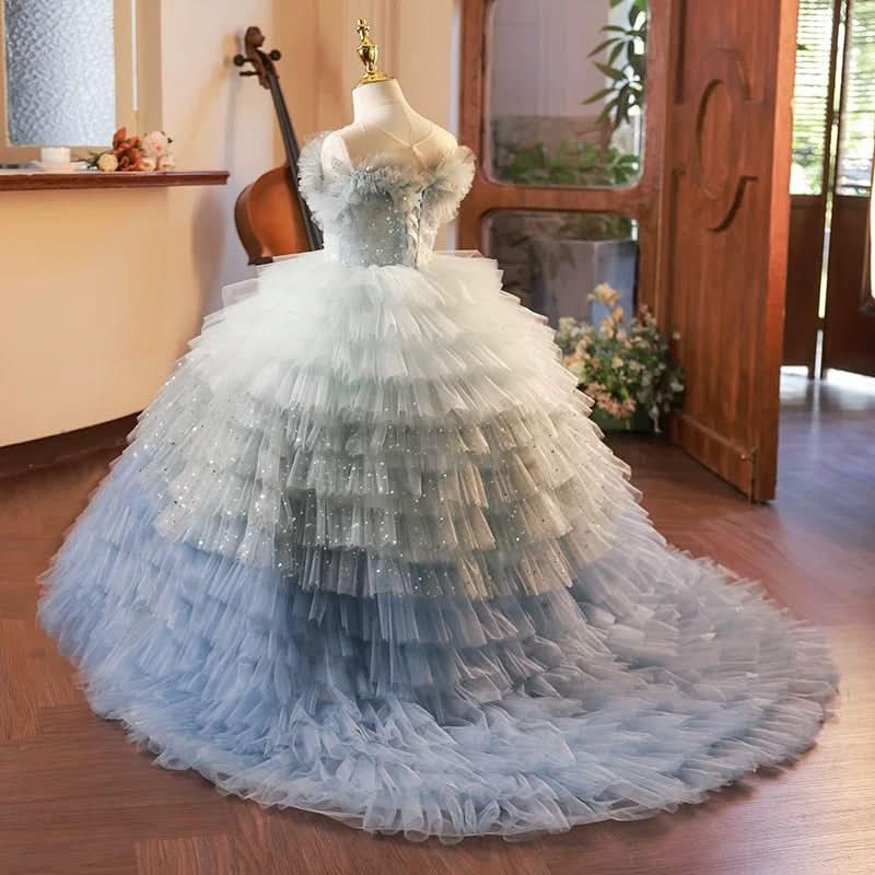 Girls wedding dress, flower girl evening dress tail big bow mesh girl princess dress