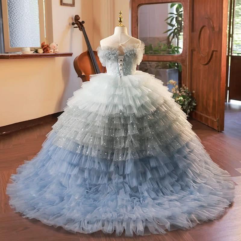 Girls wedding dress, flower girl evening dress tail big bow mesh girl princess dress
