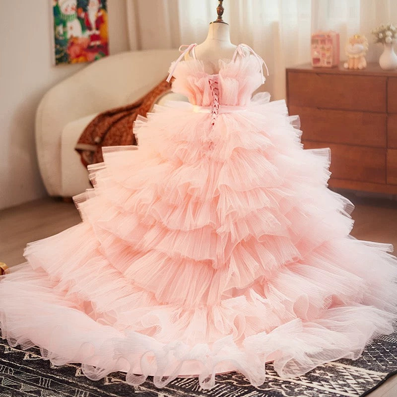 Girls' Elegant Princess Dress, Lace Tulle, Summer Wedding Dress, Party Girls' Princess Dress