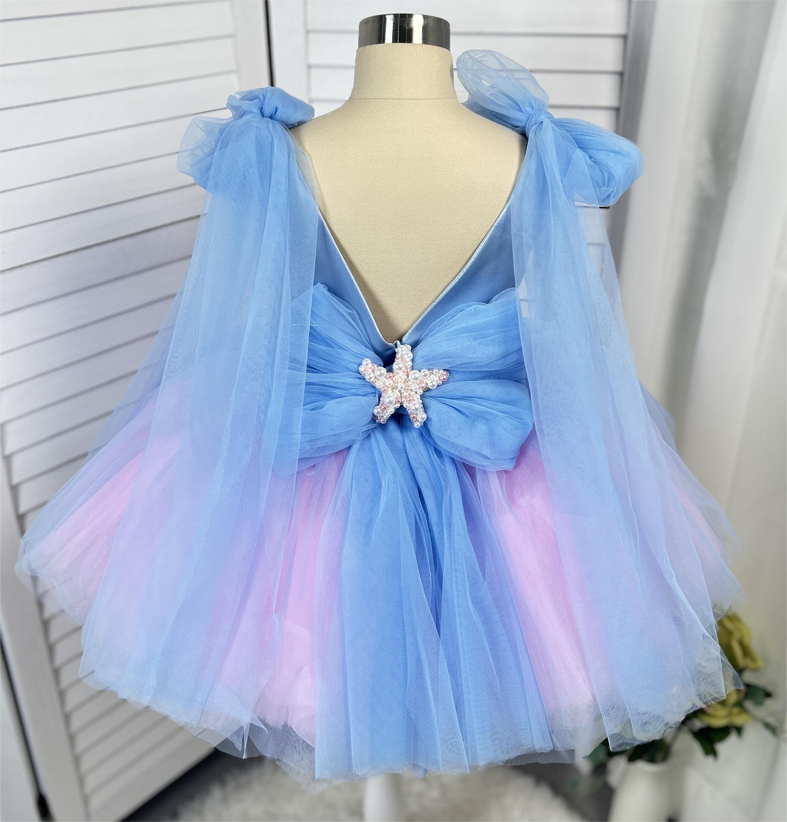 Girls Starfish Ocean Theme Blue Pink Ombre Party Dress | KLFFIGID