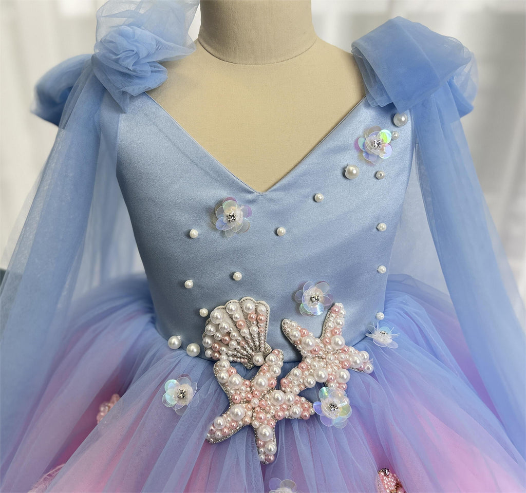 Girls Starfish Ocean Theme Blue Pink Ombre Party Dress | KLFFIGID