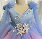 Girls Starfish Ocean Theme Blue Pink Ombre Party Dress | KLFFIGID