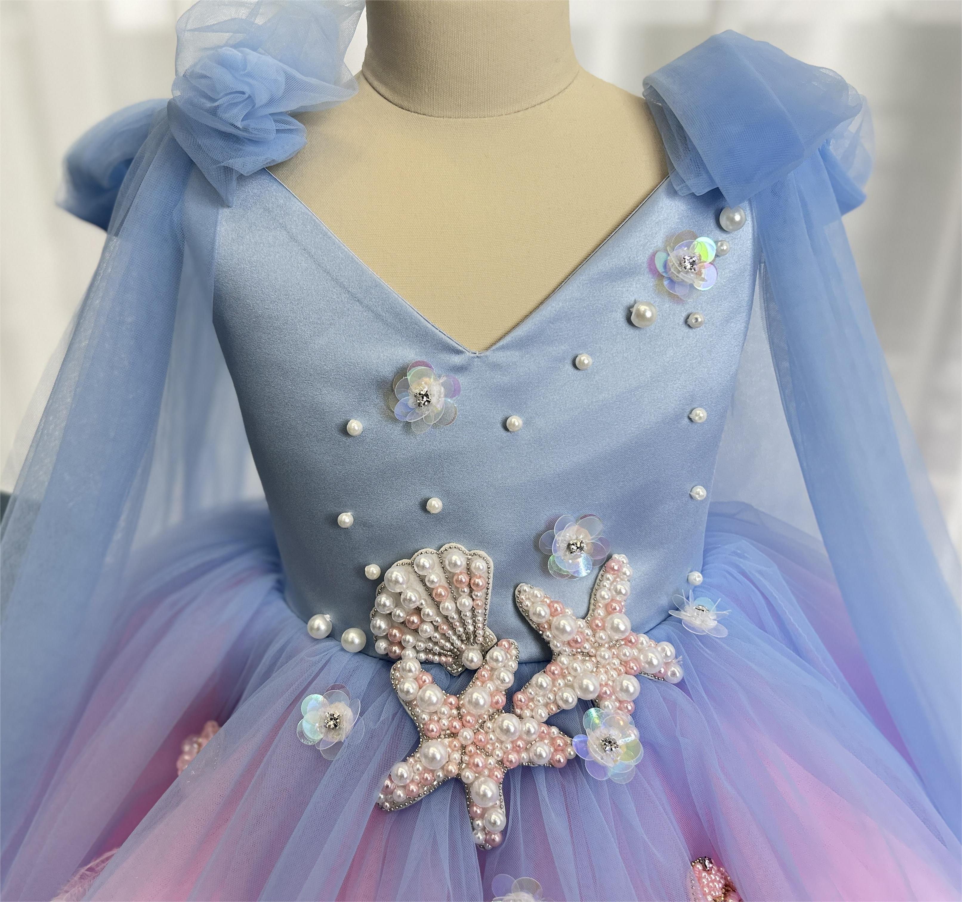 Girls Starfish Ocean Theme Blue Pink Ombre Party Dress | KLFFIGID