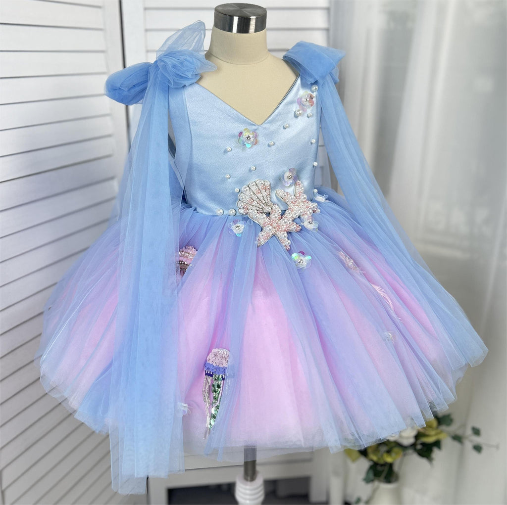 Girls Starfish Ocean Theme Blue Pink Ombre Party Dress | KLFFIGID
