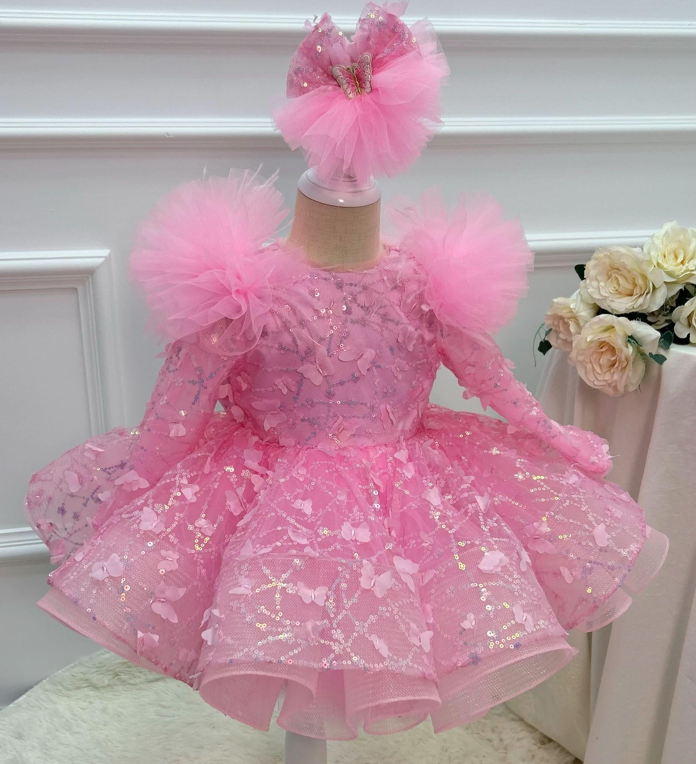 0-12Y Girls Long Sleeve Butterfly Embroidered Princess Dress | KLIFFIGID