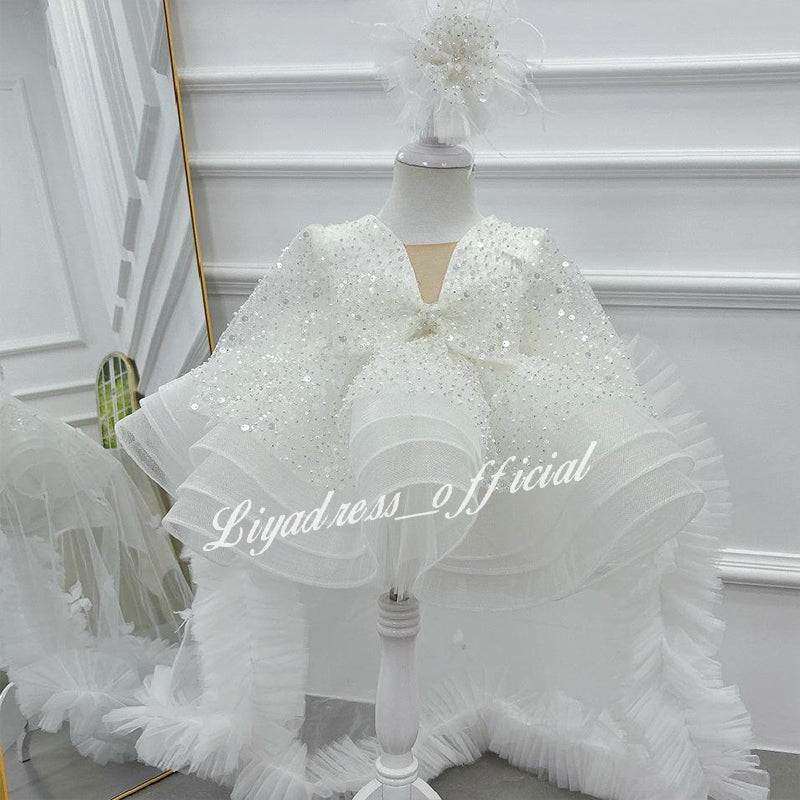 Lace Butterfly Sequined Trailing Birthday Dress with Tiara | KLFFIGID