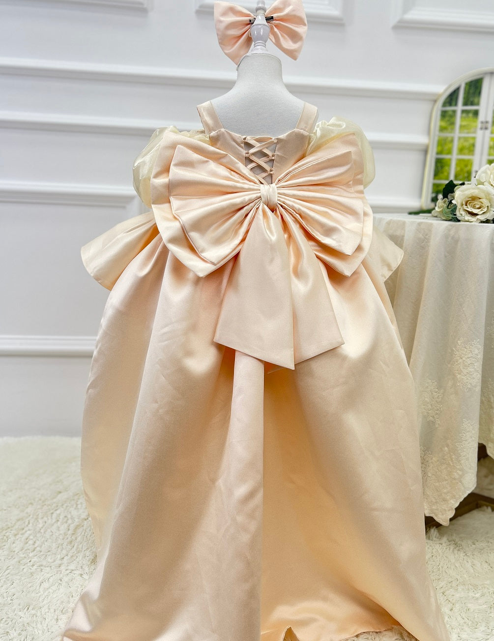 Blue Puff Sleeve Trailing Girls Birthday Princess Dress | KLFFIGID